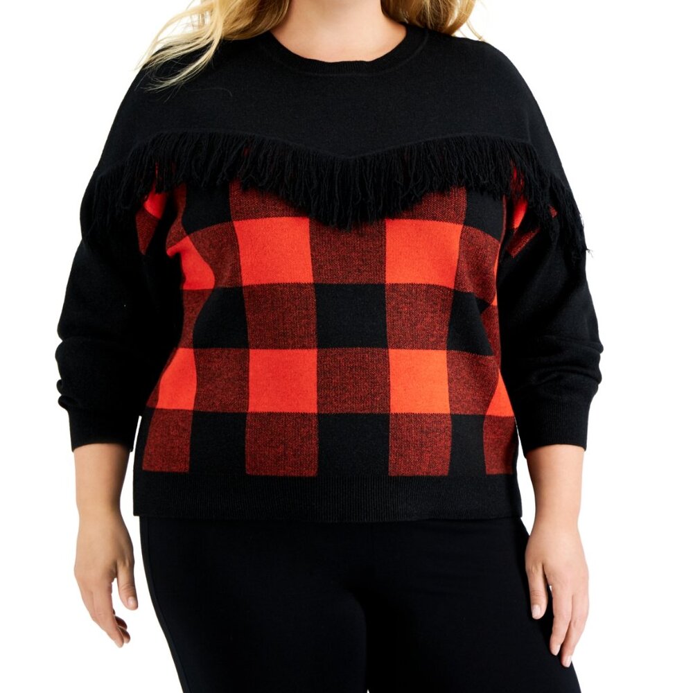 Bar III Plus Size Fringe-Trim Checkered-Front Sweater, Created for Macy's